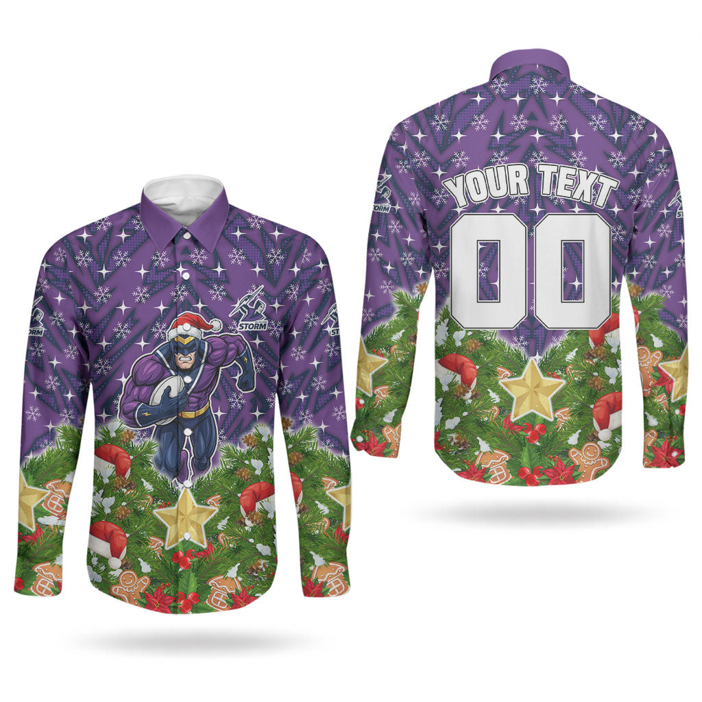 Personalised Melbourne Storm Rugby Christmas Couples Matching Short Sleeve Bodycon Dress and Long Sleeve Button Shirt Santa Rugby Mascot - Pine Wreath Festive