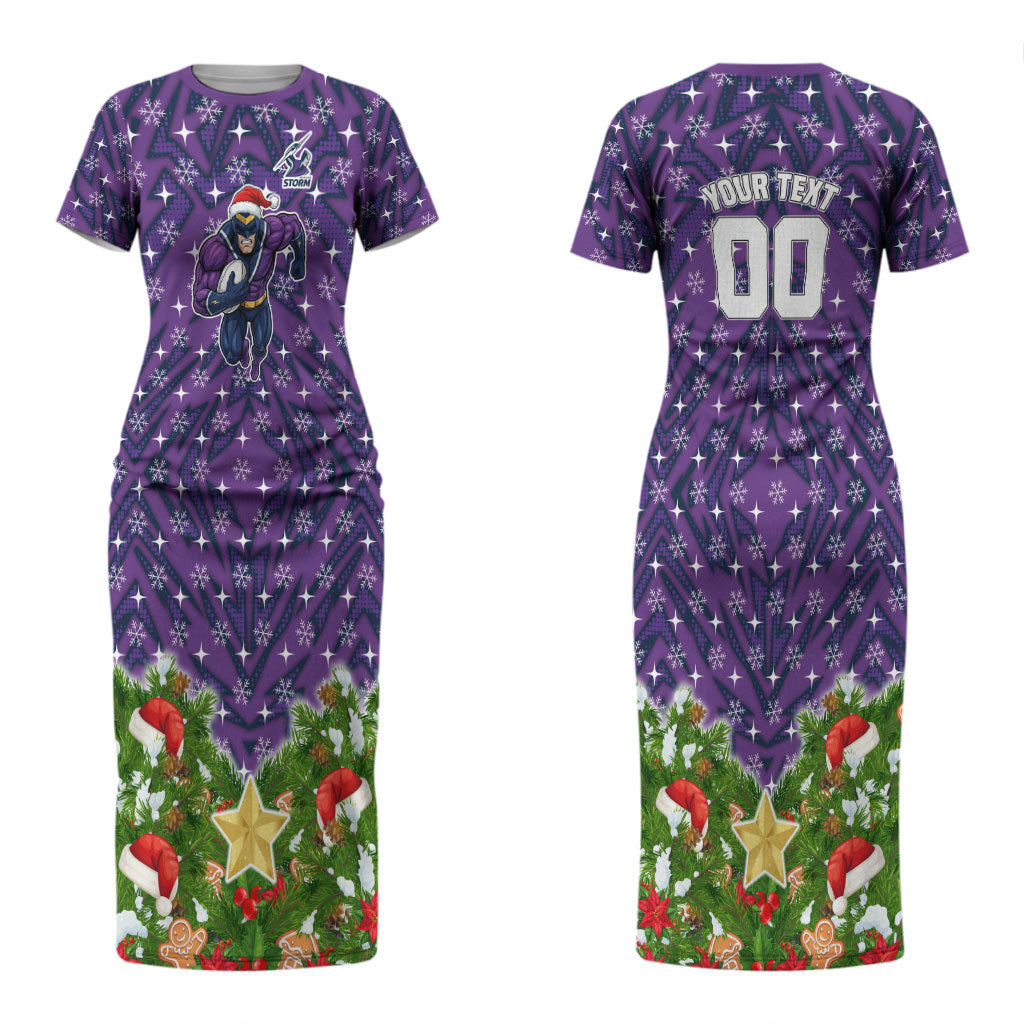 Personalised Melbourne Storm Rugby Christmas Couples Matching Short Sleeve Bodycon Dress and Long Sleeve Button Shirt Santa Rugby Mascot - Pine Wreath Festive