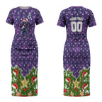 Personalised Melbourne Storm Rugby Christmas Couples Matching Short Sleeve Bodycon Dress and Long Sleeve Button Shirt Santa Rugby Mascot - Pine Wreath Festive