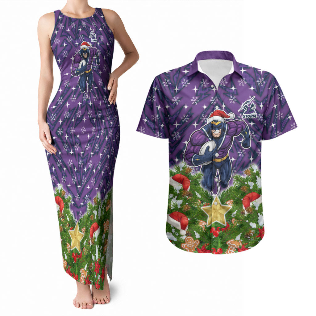 Personalised Melbourne Storm Rugby Christmas Couples Matching Tank Maxi Dress and Hawaiian Shirt Santa Rugby Mascot - Pine Wreath Festive