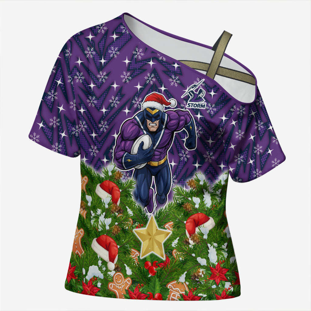 Personalised Melbourne Storm Rugby Christmas Cross Shoulder Shirt Santa Rugby Mascot - Pine Wreath Festive
