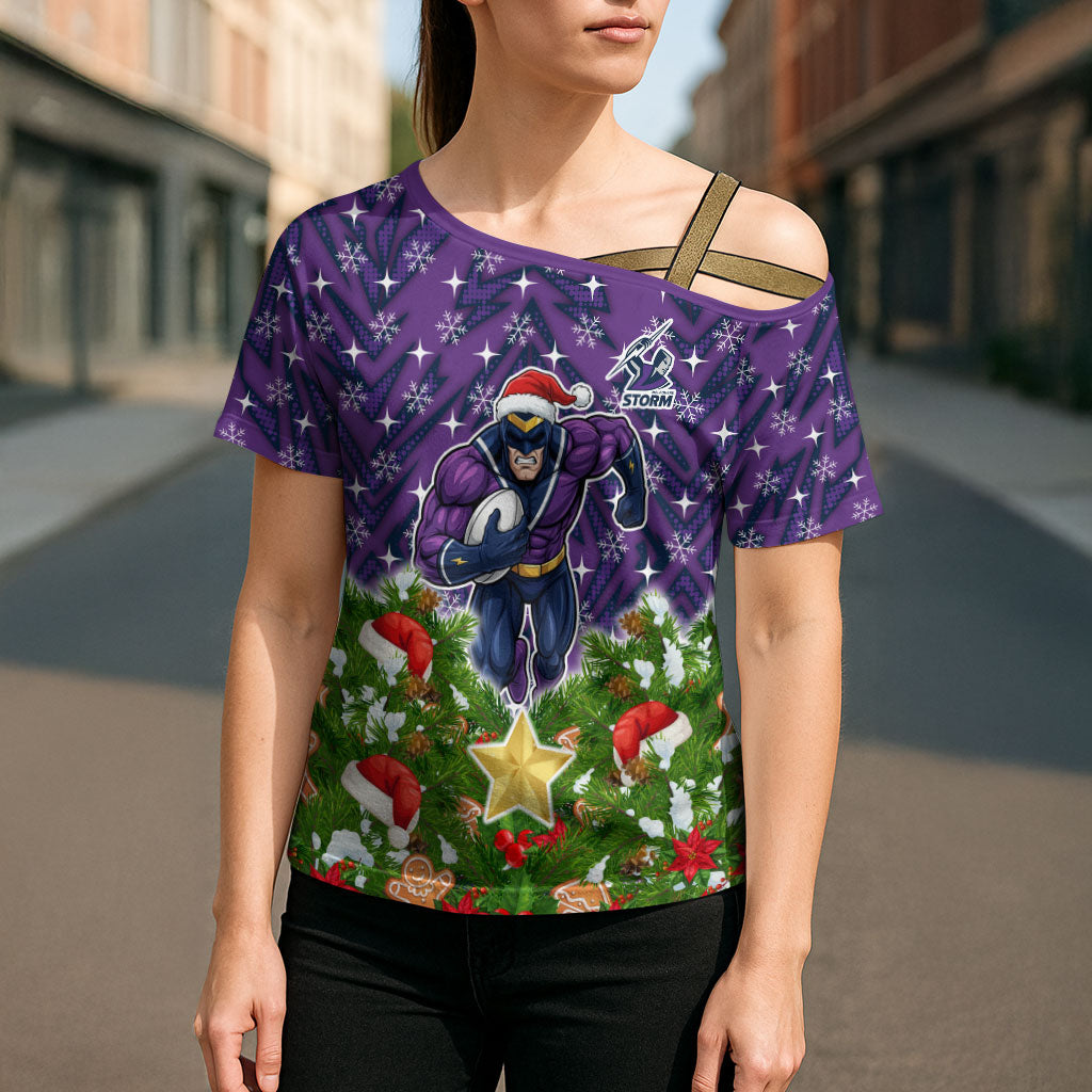 Personalised Melbourne Storm Rugby Christmas Cross Shoulder Shirt Santa Rugby Mascot - Pine Wreath Festive