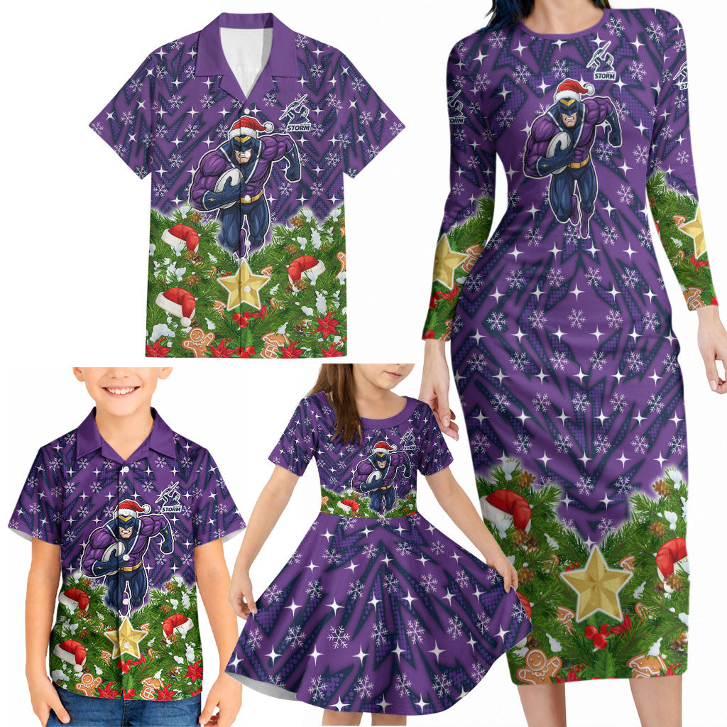 Personalised Melbourne Storm Rugby Christmas Family Matching Long Sleeve Bodycon Dress and Hawaiian Shirt Santa Rugby Mascot - Pine Wreath Festive