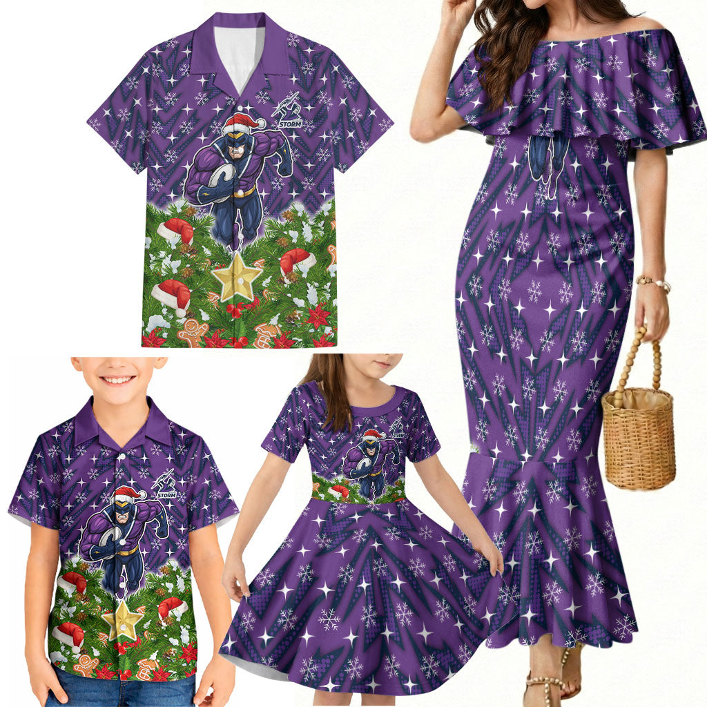 Personalised Melbourne Storm Rugby Christmas Family Matching Mermaid Dress and Hawaiian Shirt Santa Rugby Mascot - Pine Wreath Festive
