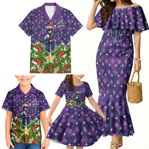 Personalised Melbourne Storm Rugby Christmas Family Matching Mermaid Dress and Hawaiian Shirt Santa Rugby Mascot - Pine Wreath Festive