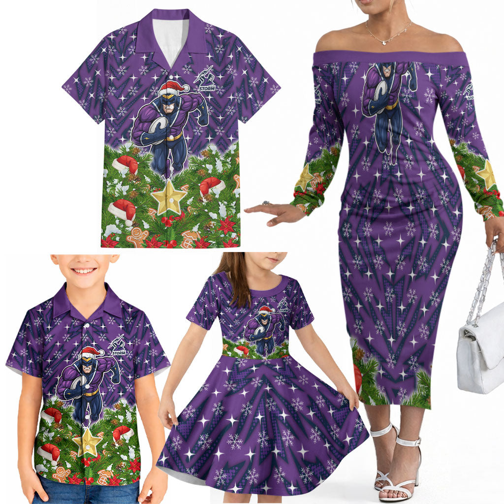 Personalised Melbourne Storm Rugby Christmas Family Matching Off The Shoulder Long Sleeve Dress and Hawaiian Shirt Santa Rugby Mascot - Pine Wreath Festive