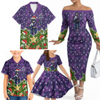 Personalised Melbourne Storm Rugby Christmas Family Matching Off The Shoulder Long Sleeve Dress and Hawaiian Shirt Santa Rugby Mascot - Pine Wreath Festive