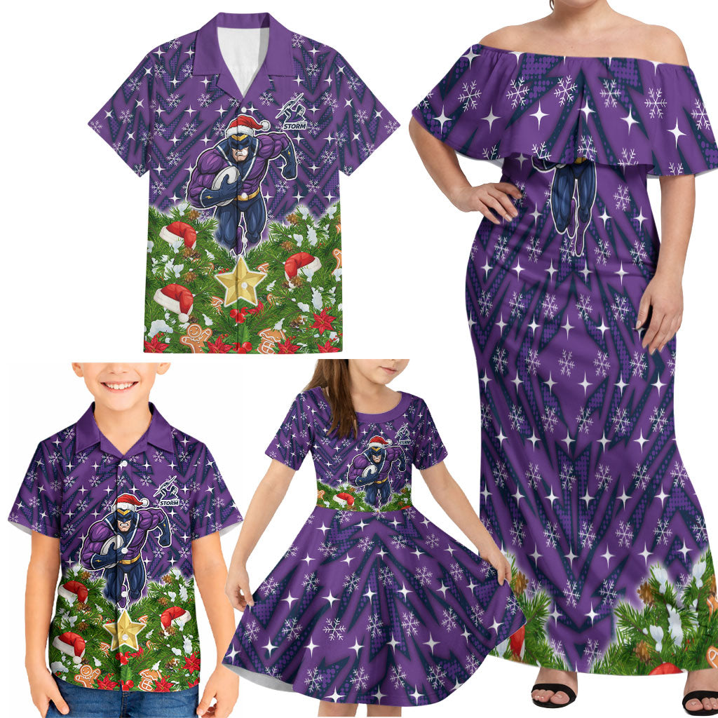 Personalised Melbourne Storm Rugby Christmas Family Matching Off Shoulder Maxi Dress and Hawaiian Shirt Santa Rugby Mascot - Pine Wreath Festive