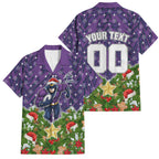 Personalised Melbourne Storm Rugby Christmas Family Matching Off Shoulder Maxi Dress and Hawaiian Shirt Santa Rugby Mascot - Pine Wreath Festive