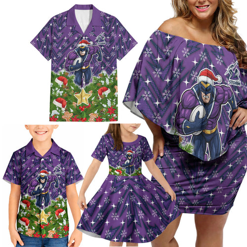 Personalised Melbourne Storm Rugby Christmas Family Matching Off Shoulder Short Dress and Hawaiian Shirt Santa Rugby Mascot - Pine Wreath Festive
