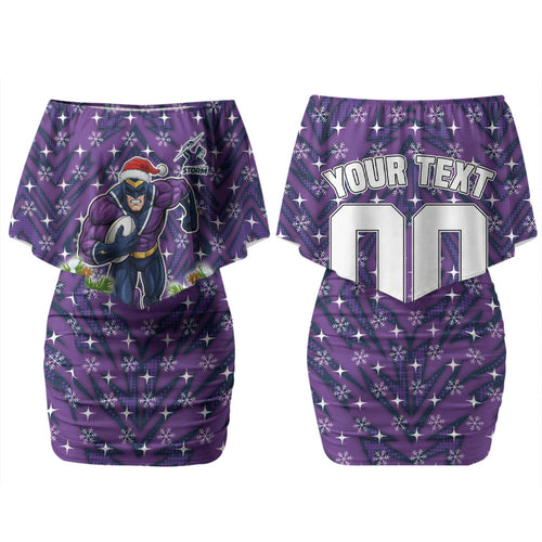 Personalised Melbourne Storm Rugby Christmas Family Matching Off Shoulder Short Dress and Hawaiian Shirt Santa Rugby Mascot - Pine Wreath Festive