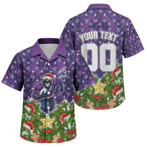 Personalised Melbourne Storm Rugby Christmas Family Matching Off Shoulder Short Dress and Hawaiian Shirt Santa Rugby Mascot - Pine Wreath Festive