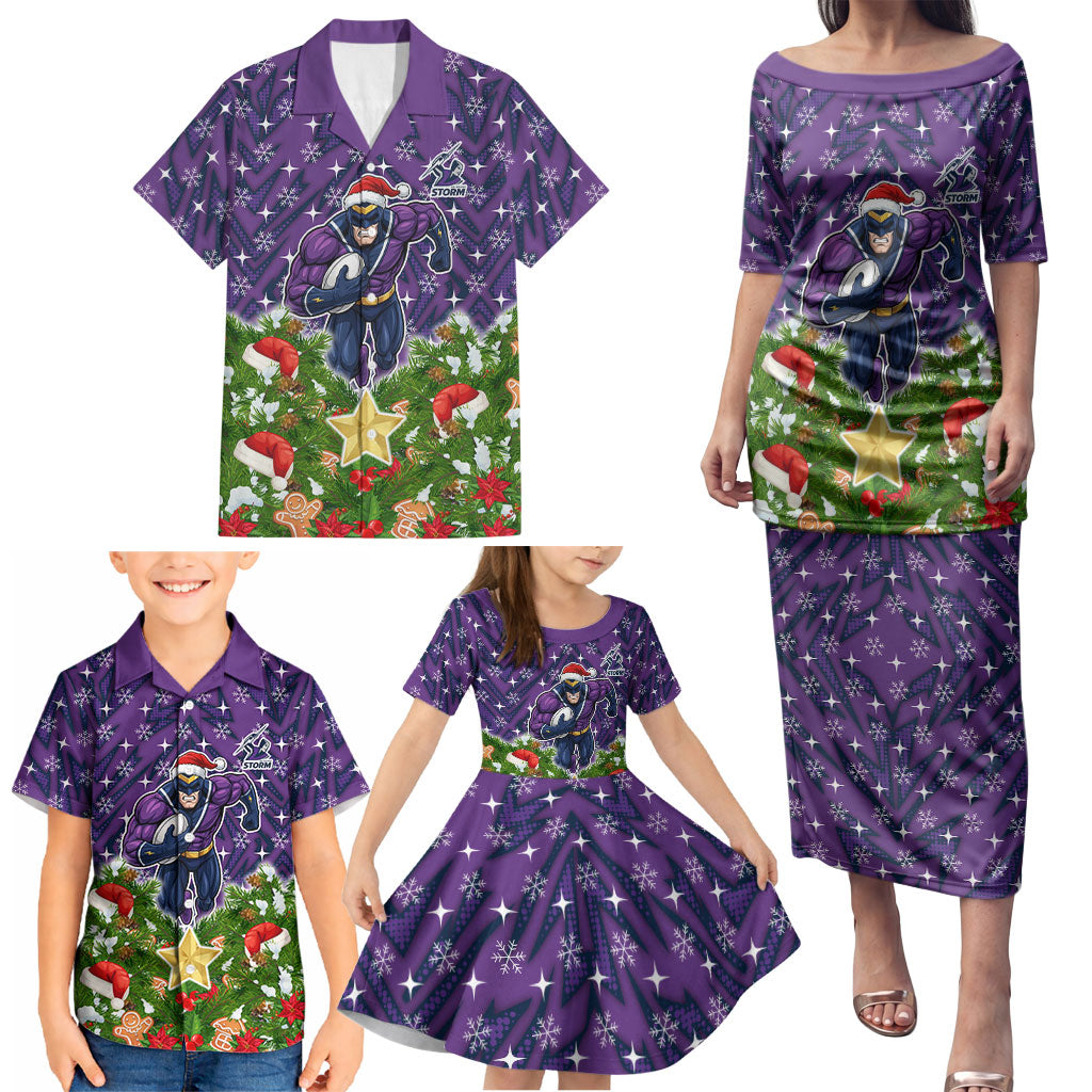 Personalised Melbourne Storm Rugby Christmas Family Matching Puletasi and Hawaiian Shirt Santa Rugby Mascot - Pine Wreath Festive