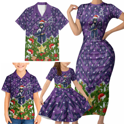 Personalised Melbourne Storm Rugby Christmas Family Matching Short Sleeve Bodycon Dress and Hawaiian Shirt Santa Rugby Mascot - Pine Wreath Festive