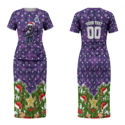 Personalised Melbourne Storm Rugby Christmas Family Matching Short Sleeve Bodycon Dress and Hawaiian Shirt Santa Rugby Mascot - Pine Wreath Festive