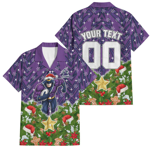 Personalised Melbourne Storm Rugby Christmas Family Matching Short Sleeve Bodycon Dress and Hawaiian Shirt Santa Rugby Mascot - Pine Wreath Festive