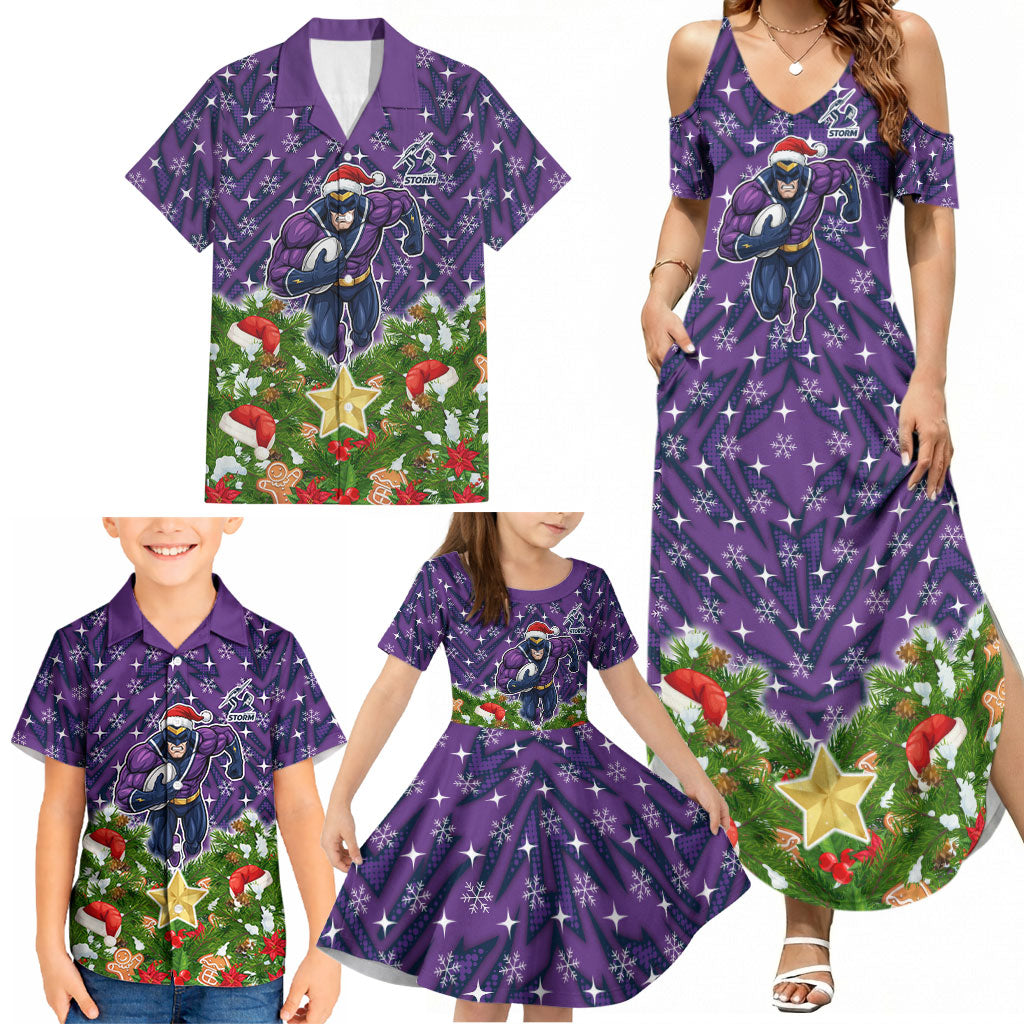 Personalised Melbourne Storm Rugby Christmas Family Matching Summer Maxi Dress and Hawaiian Shirt Santa Rugby Mascot - Pine Wreath Festive