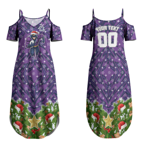 Personalised Melbourne Storm Rugby Christmas Family Matching Summer Maxi Dress and Hawaiian Shirt Santa Rugby Mascot - Pine Wreath Festive