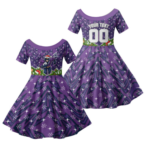Personalised Melbourne Storm Rugby Christmas Family Matching Summer Maxi Dress and Hawaiian Shirt Santa Rugby Mascot - Pine Wreath Festive