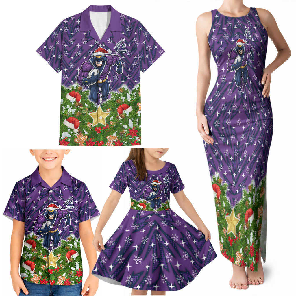 Personalised Melbourne Storm Rugby Christmas Family Matching Tank Maxi Dress and Hawaiian Shirt Santa Rugby Mascot - Pine Wreath Festive