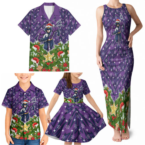 Personalised Melbourne Storm Rugby Christmas Family Matching Tank Maxi Dress and Hawaiian Shirt Santa Rugby Mascot - Pine Wreath Festive