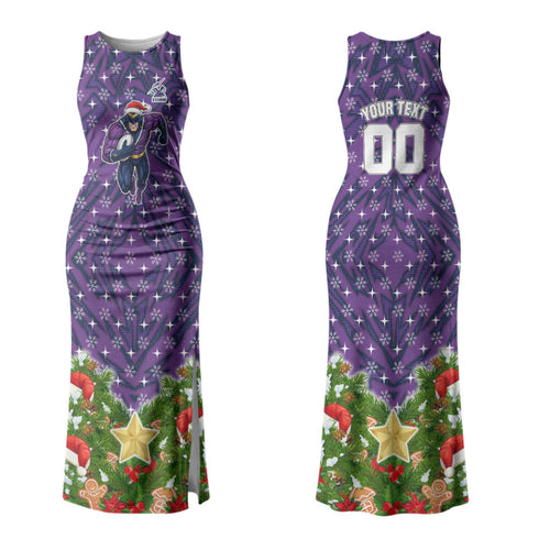 Personalised Melbourne Storm Rugby Christmas Family Matching Tank Maxi Dress and Hawaiian Shirt Santa Rugby Mascot - Pine Wreath Festive