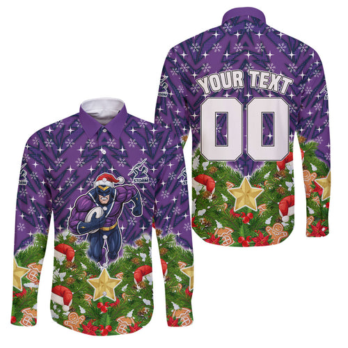 Personalised Melbourne Storm Rugby Christmas Family Matching Tank Maxi Dress and Hawaiian Shirt Santa Rugby Mascot - Pine Wreath Festive