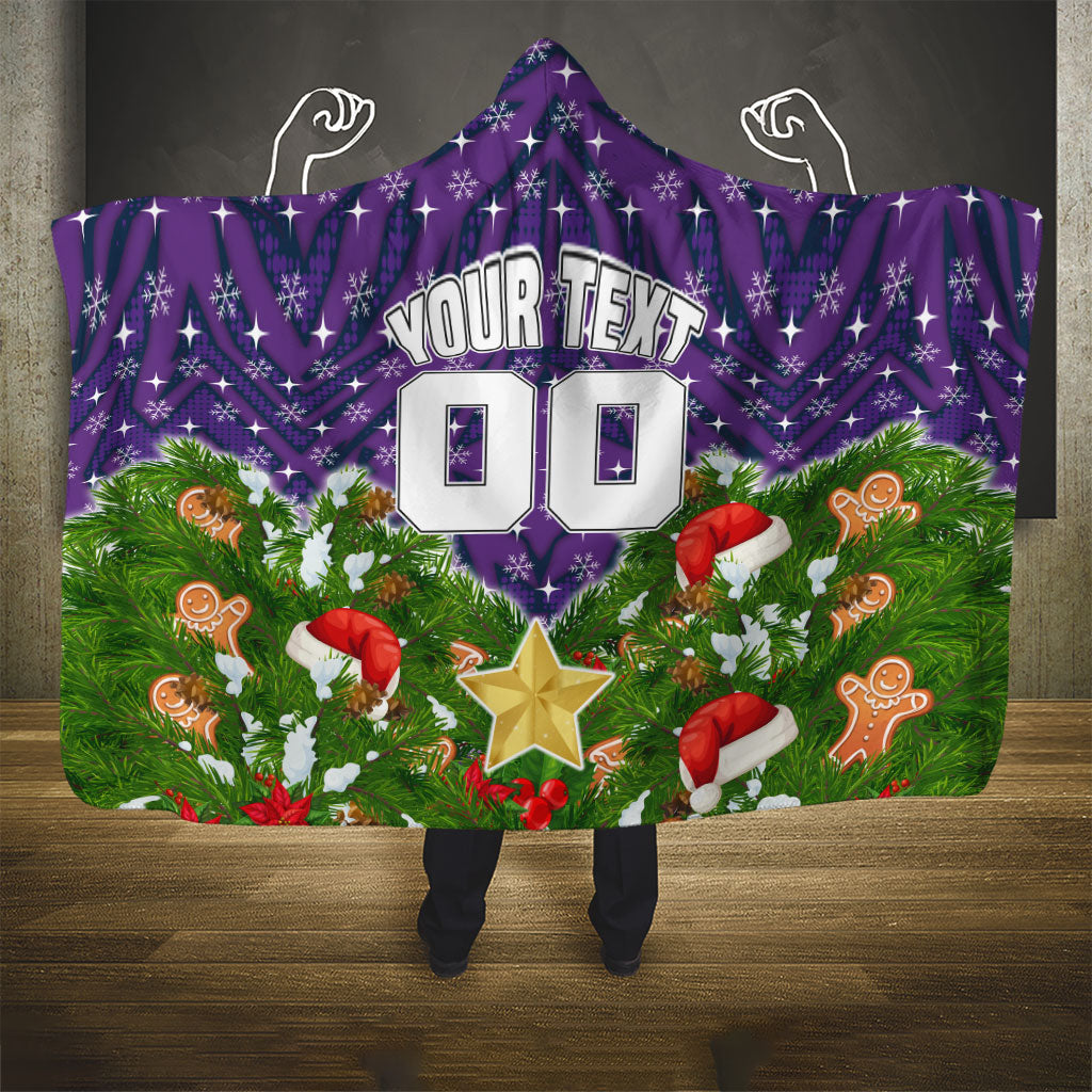Personalised Melbourne Storm Rugby Christmas Hooded Blanket Santa Rugby Mascot - Pine Wreath Festive
