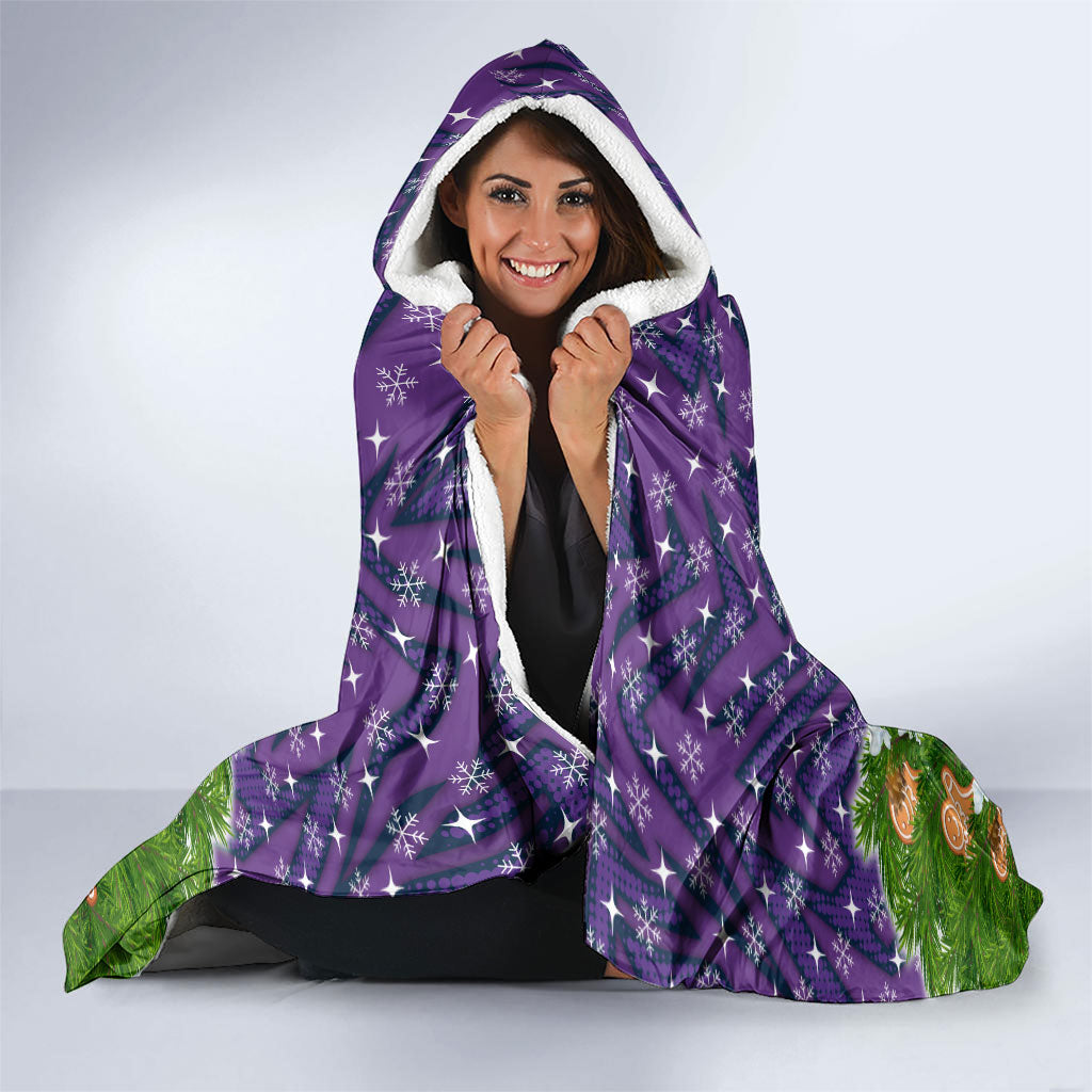 Personalised Melbourne Storm Rugby Christmas Hooded Blanket Santa Rugby Mascot - Pine Wreath Festive