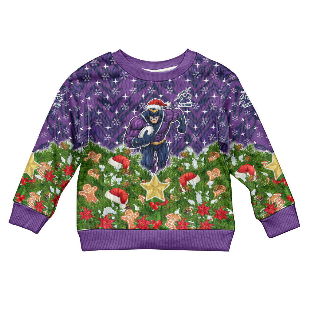 Personalised Melbourne Storm Rugby Christmas Kid Ugly Christmas Sweater Santa Rugby Mascot - Pine Wreath Festive