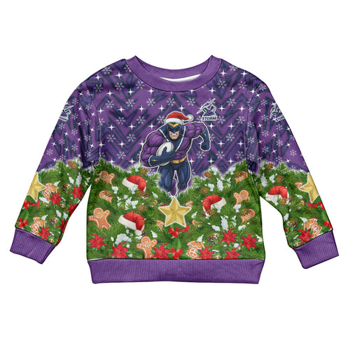 Personalised Melbourne Storm Rugby Christmas Kid Ugly Christmas Sweater Santa Rugby Mascot - Pine Wreath Festive