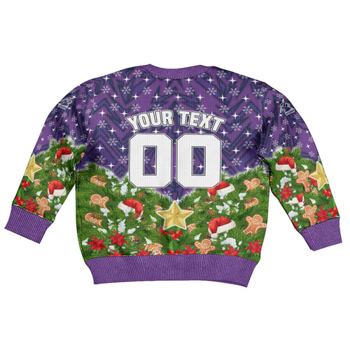 Personalised Melbourne Storm Rugby Christmas Kid Ugly Christmas Sweater Santa Rugby Mascot - Pine Wreath Festive