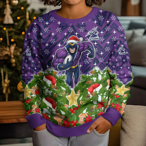 Personalised Melbourne Storm Rugby Christmas Kid Ugly Christmas Sweater Santa Rugby Mascot - Pine Wreath Festive