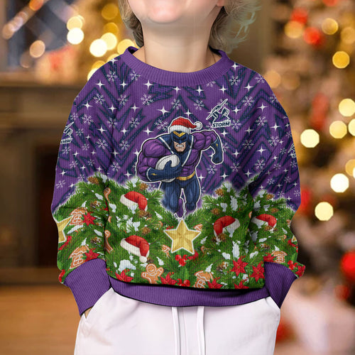 Personalised Melbourne Storm Rugby Christmas Kid Ugly Christmas Sweater Santa Rugby Mascot - Pine Wreath Festive