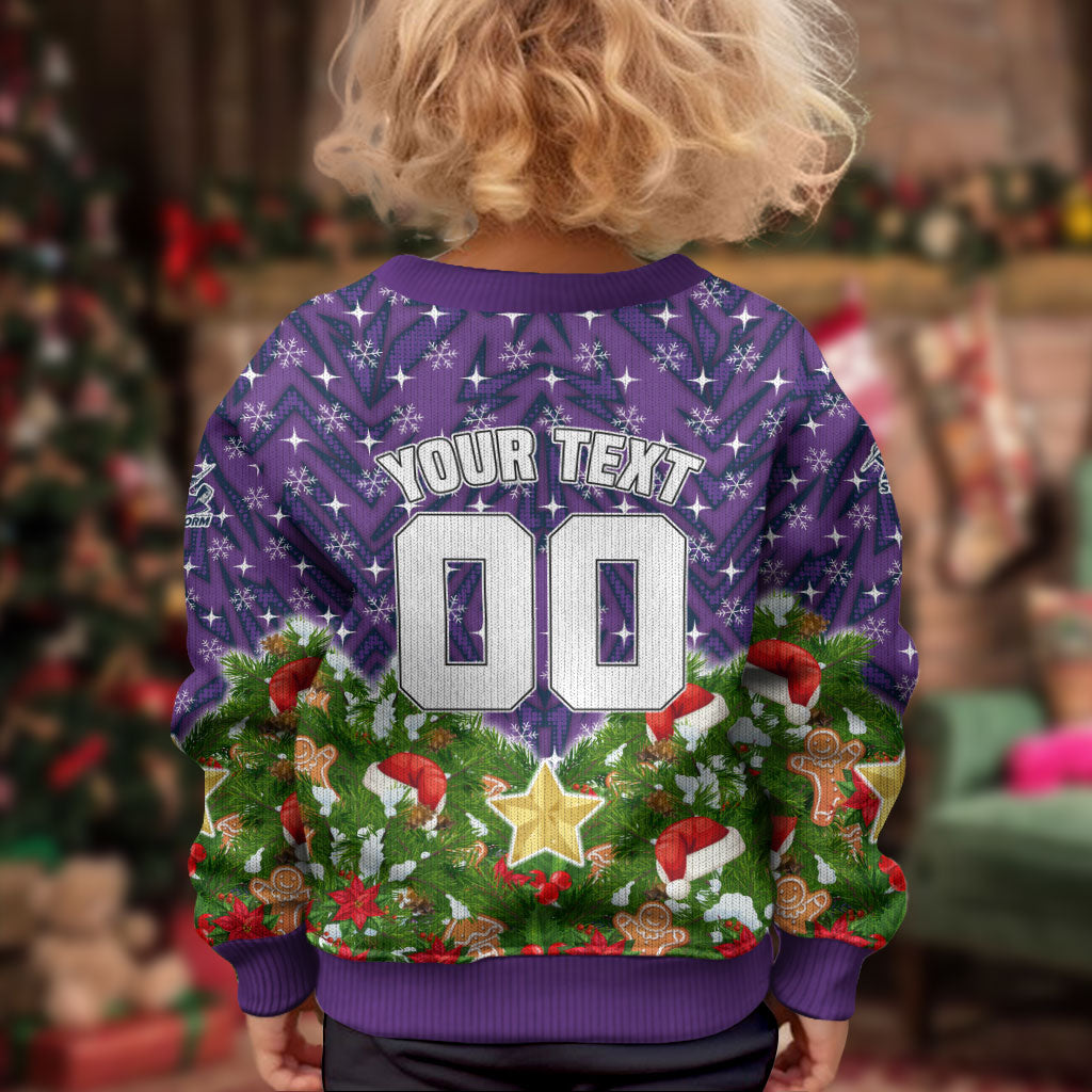 Personalised Melbourne Storm Rugby Christmas Kid Ugly Christmas Sweater Santa Rugby Mascot - Pine Wreath Festive