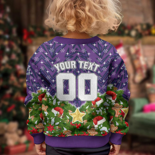 Personalised Melbourne Storm Rugby Christmas Kid Ugly Christmas Sweater Santa Rugby Mascot - Pine Wreath Festive