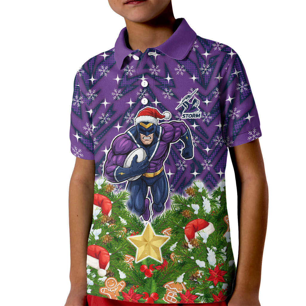 Personalised Melbourne Storm Rugby Christmas Kid Polo Shirt Santa Rugby Mascot - Pine Wreath Festive