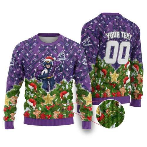 Personalised Melbourne Storm Rugby Christmas Ugly Christmas Sweater Santa Rugby Mascot - Pine Wreath Festive