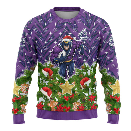 Personalised Melbourne Storm Rugby Christmas Ugly Christmas Sweater Santa Rugby Mascot - Pine Wreath Festive