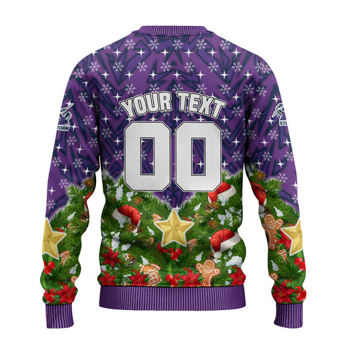 Personalised Melbourne Storm Rugby Christmas Ugly Christmas Sweater Santa Rugby Mascot - Pine Wreath Festive