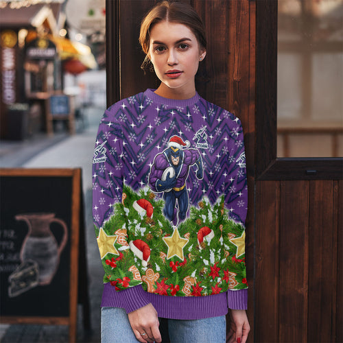 Personalised Melbourne Storm Rugby Christmas Ugly Christmas Sweater Santa Rugby Mascot - Pine Wreath Festive