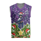 Personalised Melbourne Storm Rugby Christmas Knitted V-Neck Vest Santa Rugby Mascot - Pine Wreath Festive
