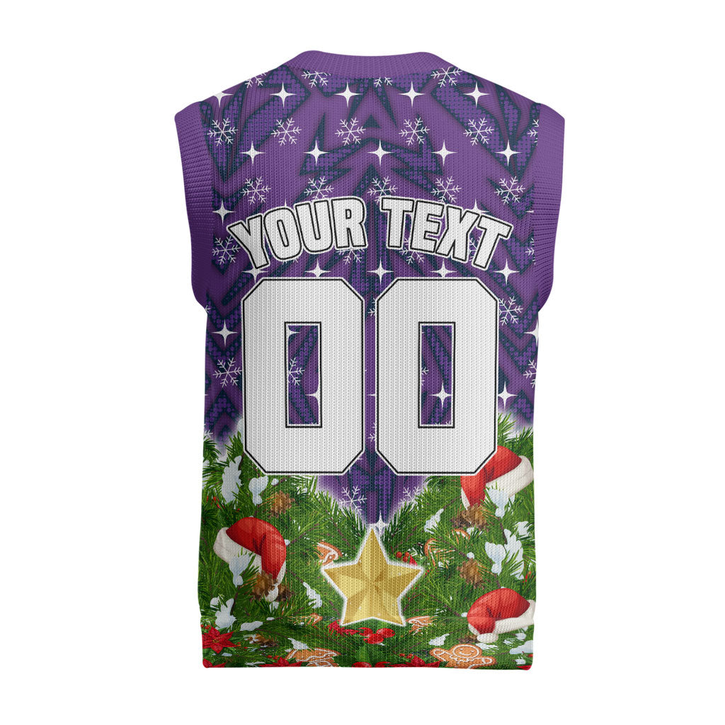 Personalised Melbourne Storm Rugby Christmas Knitted V-Neck Vest Santa Rugby Mascot - Pine Wreath Festive