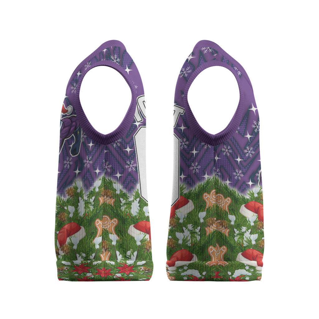 Personalised Melbourne Storm Rugby Christmas Knitted V-Neck Vest Santa Rugby Mascot - Pine Wreath Festive