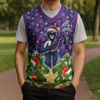 Personalised Melbourne Storm Rugby Christmas Knitted V-Neck Vest Santa Rugby Mascot - Pine Wreath Festive