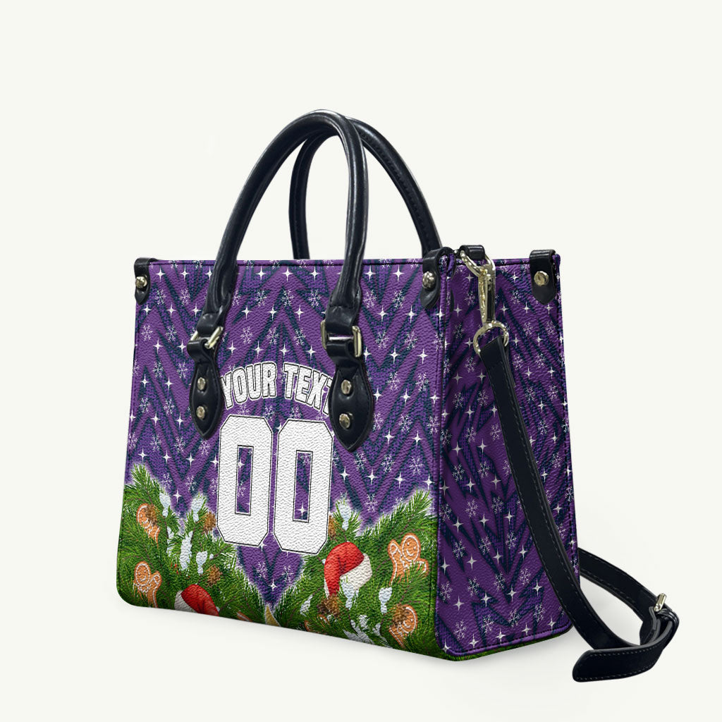 Personalised Melbourne Storm Rugby Christmas Leather Bag Santa Rugby Mascot - Pine Wreath Festive