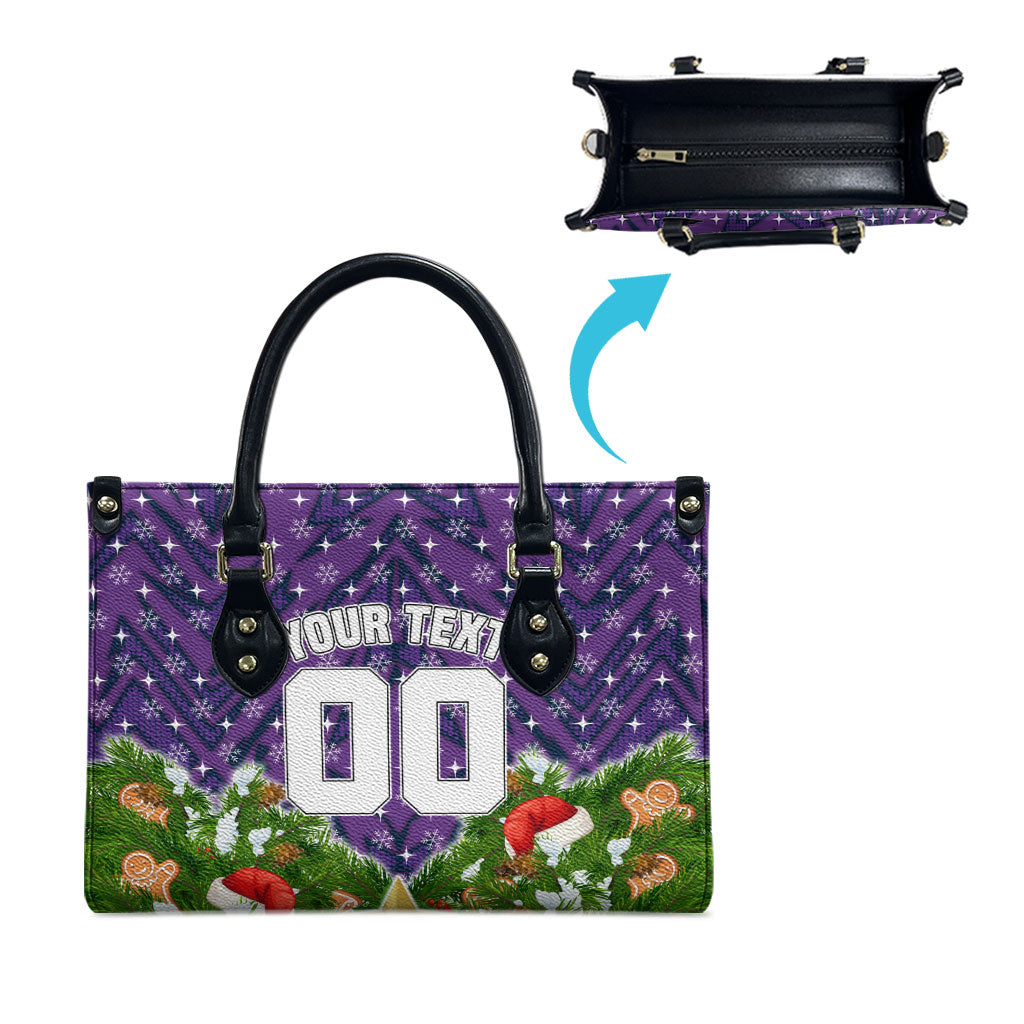Personalised Melbourne Storm Rugby Christmas Leather Bag Santa Rugby Mascot - Pine Wreath Festive