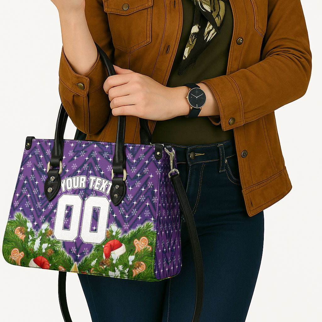 Personalised Melbourne Storm Rugby Christmas Leather Bag Santa Rugby Mascot - Pine Wreath Festive