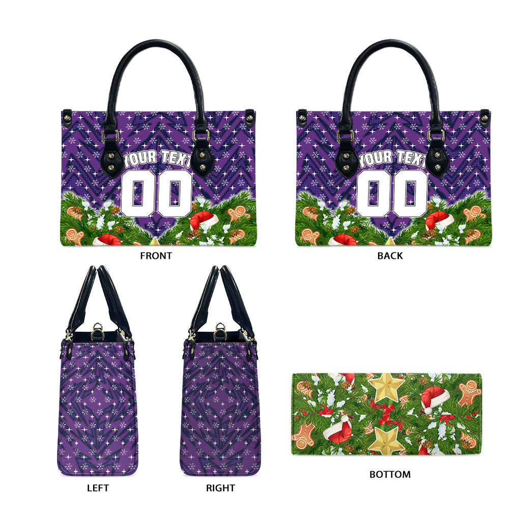 Personalised Melbourne Storm Rugby Christmas Leather Bag Santa Rugby Mascot - Pine Wreath Festive