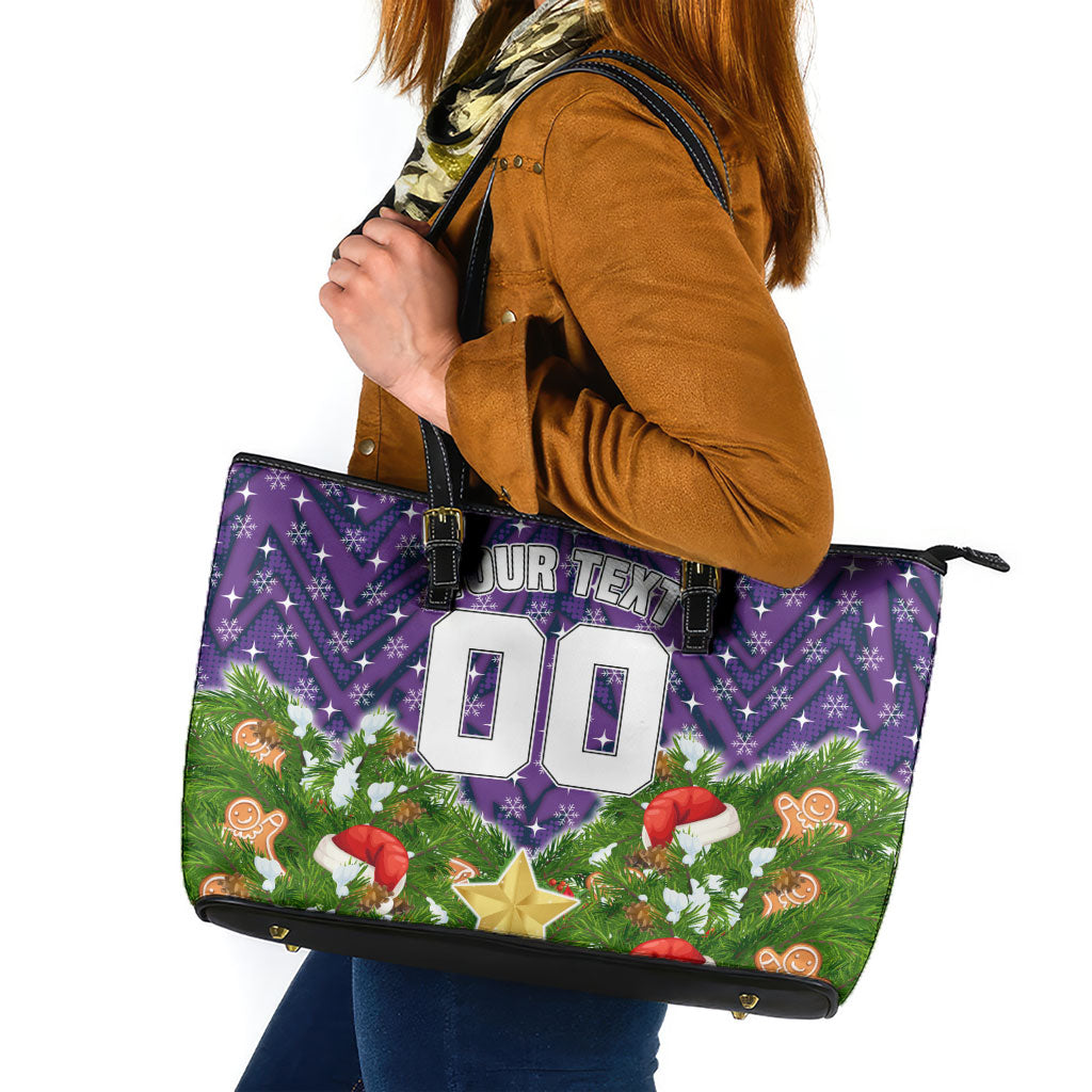 Personalised Melbourne Storm Rugby Christmas Leather Tote Bag Santa Rugby Mascot - Pine Wreath Festive